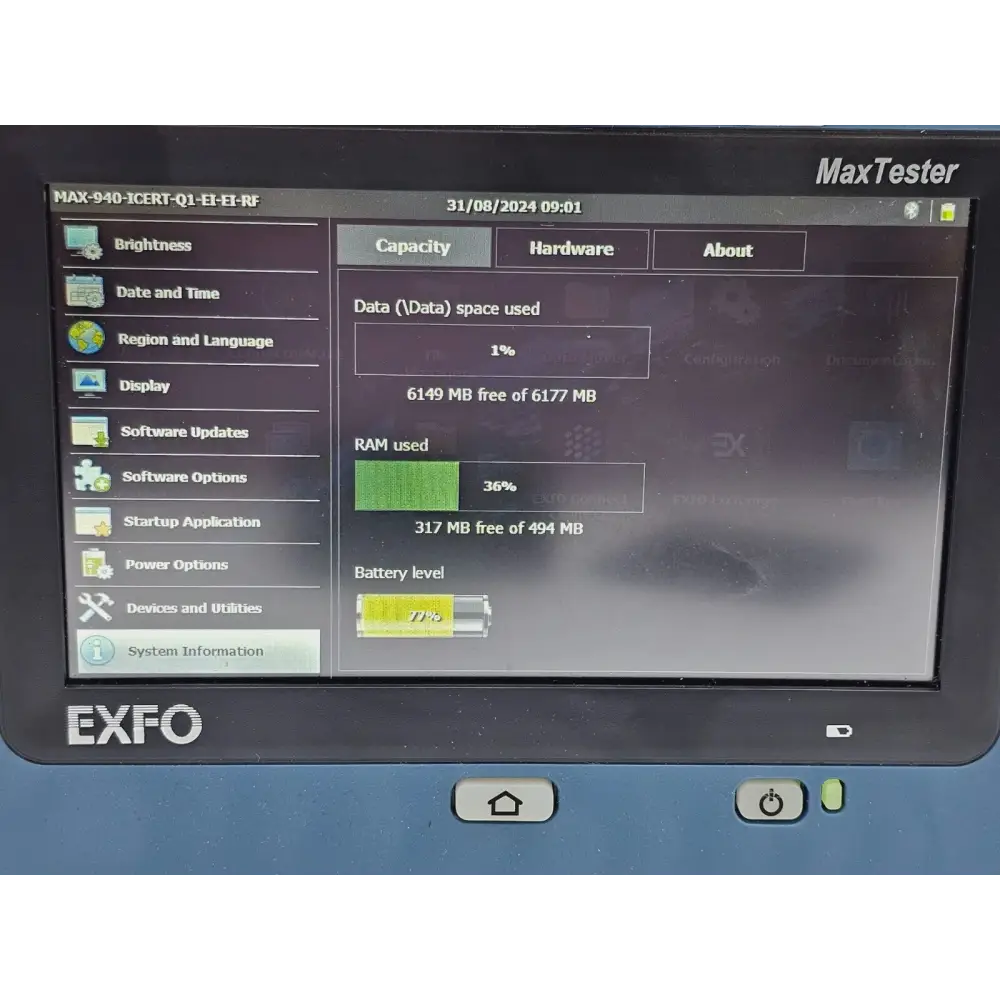 EXFO MAX-940 QUAD unit showing Visual Fault Locator port and multimode test ports