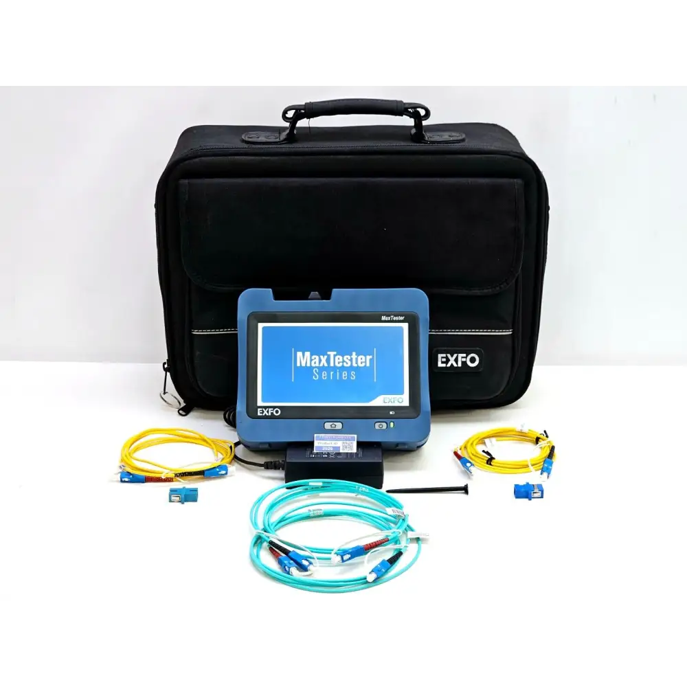 EXFO MAX-940 ICERT Tier-1 fiber certifier unit showing 7-inch touchscreen display