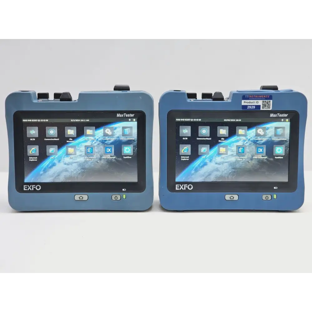 EXFO MaxTester MAX-940 QUAD ICERT fiber certifier pair, front view of both units