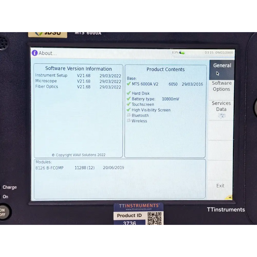 Viavi MTS 6000A V2 About screen showing software version V21.68 dated 29/03/2022 and 8126 B-FCOMP module S/N 11288 calibrated 20/06/2019
