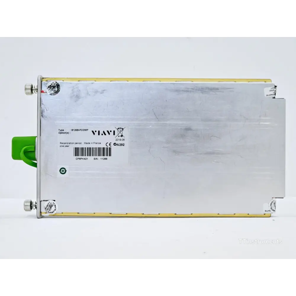 Viavi 8126B-FCOMP singlemode OTDR module side view showing APC connector port, VIAVI label, S/N 11288, calibrated 2019-06