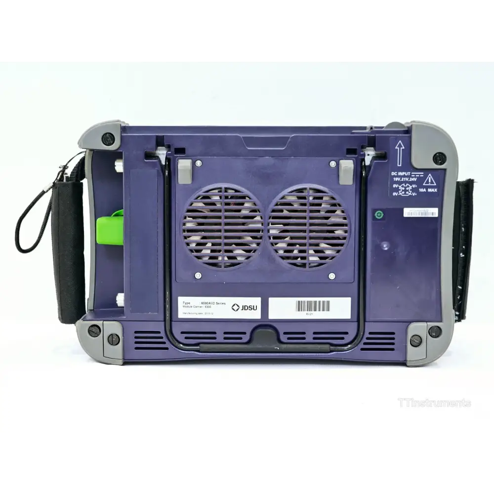 Viavi MTS 6000A V2 rear panel showing dual cooling fans, 6000AV2 Series label, E300 module carrier and DC input ratings