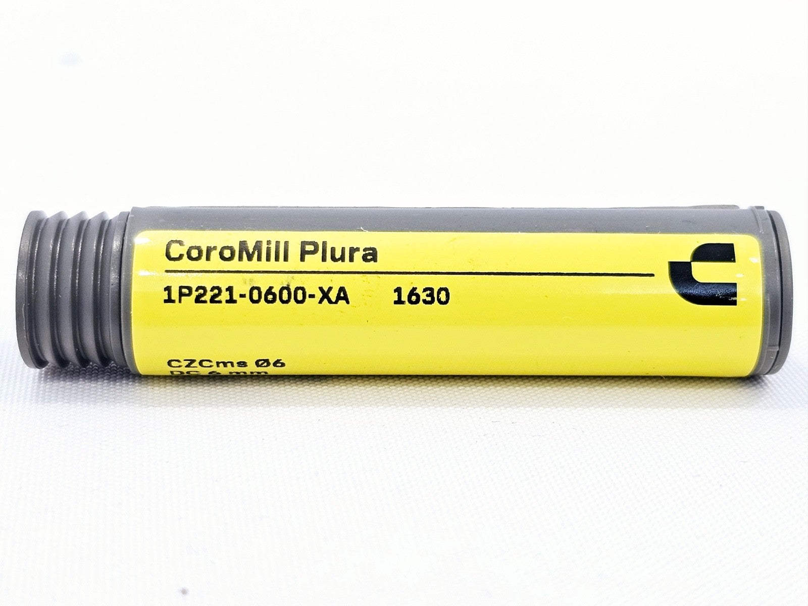 CoroMill Plura 1P221-0600-XA 1630 grey tube label showing CZCms Ø6, DC 6mm, APMX 7.5mm specifications