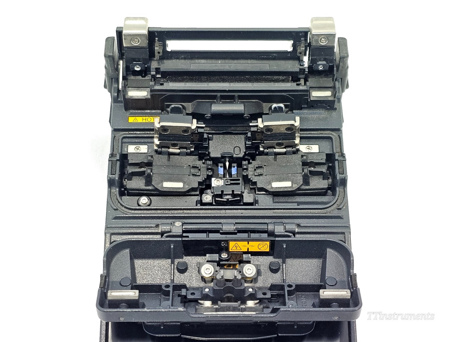 Fujikura FSM-22S splicer positioned in hard carrying case with work tray and accessories