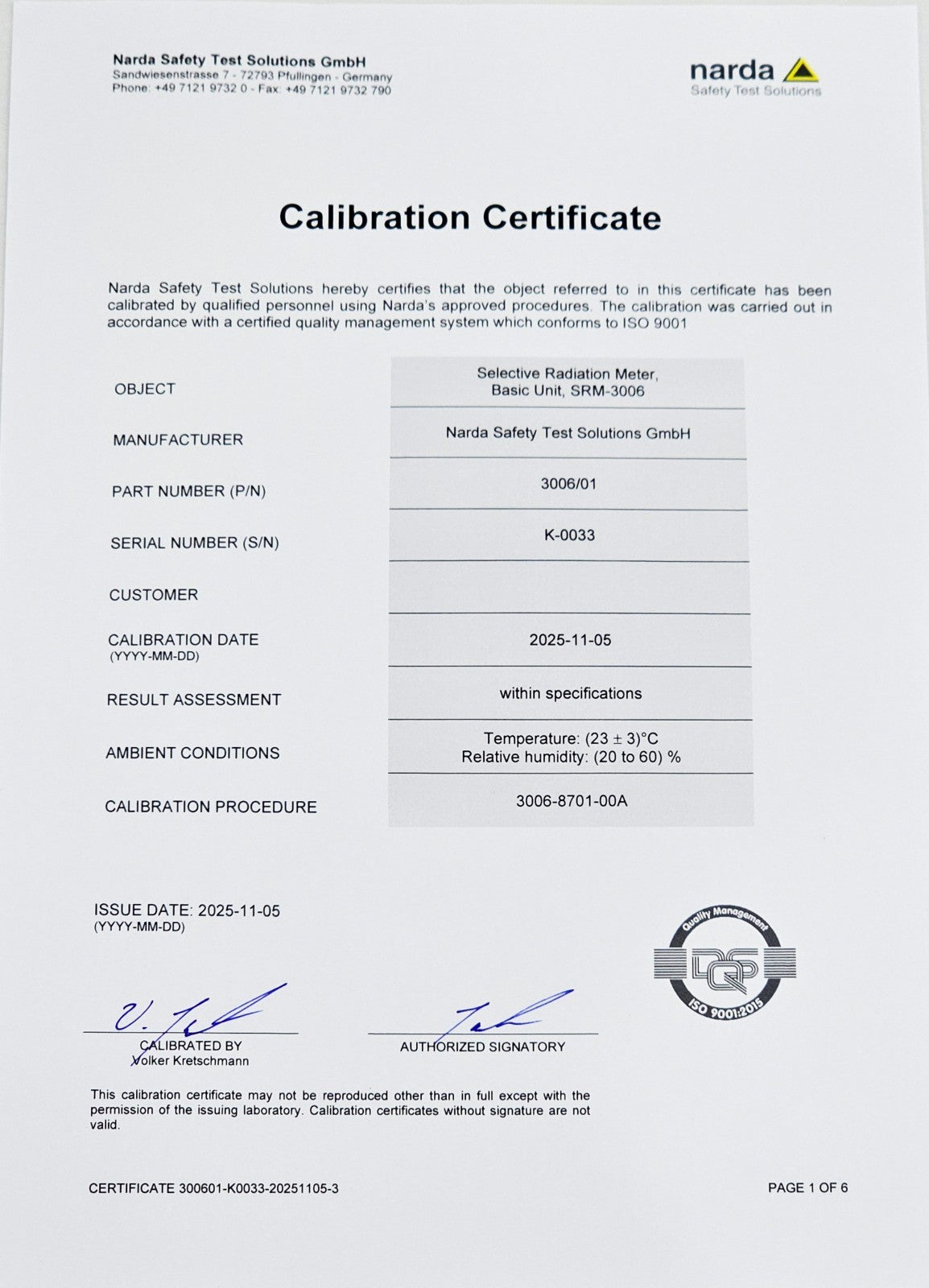 Cal'd Narda SRM-3006 Selective Radiation Meter 9kHz-6GHz + 3501/03 3GHz Antenna22