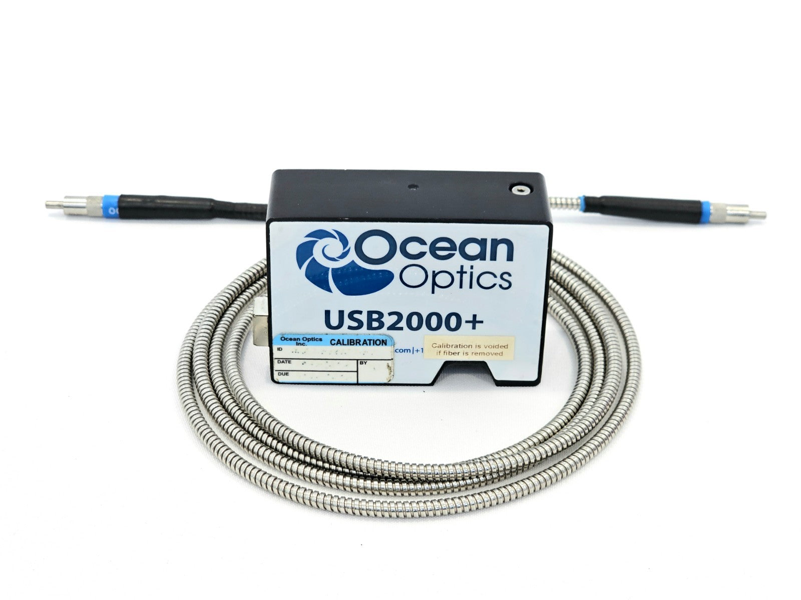 Ocean Optics USB2000+ fibre optic spectrometer front view showing SMA 905 connector and USB port