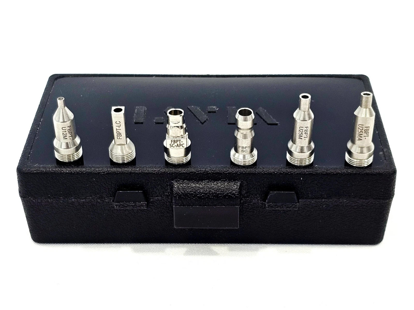 VIAVI FiberChek FBPT tip set in foam case: FBPT-U12M, FBPT-LC, FBPT-SC-APC, FBPT-SC, FBPT-U25M, FBPT-U25MA