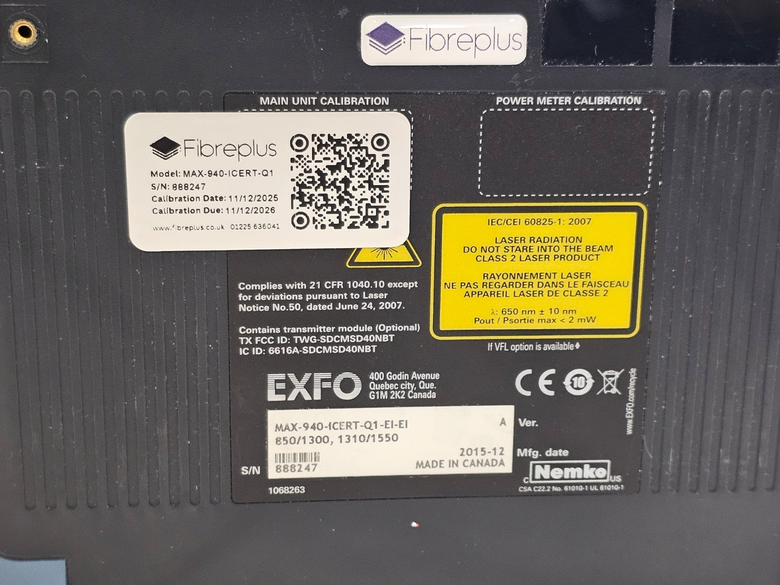 Calibrated EXFO OLTS MAX-940 ICERT QUAD 850/1300 1310/1550 SM MM Fiber Certifier