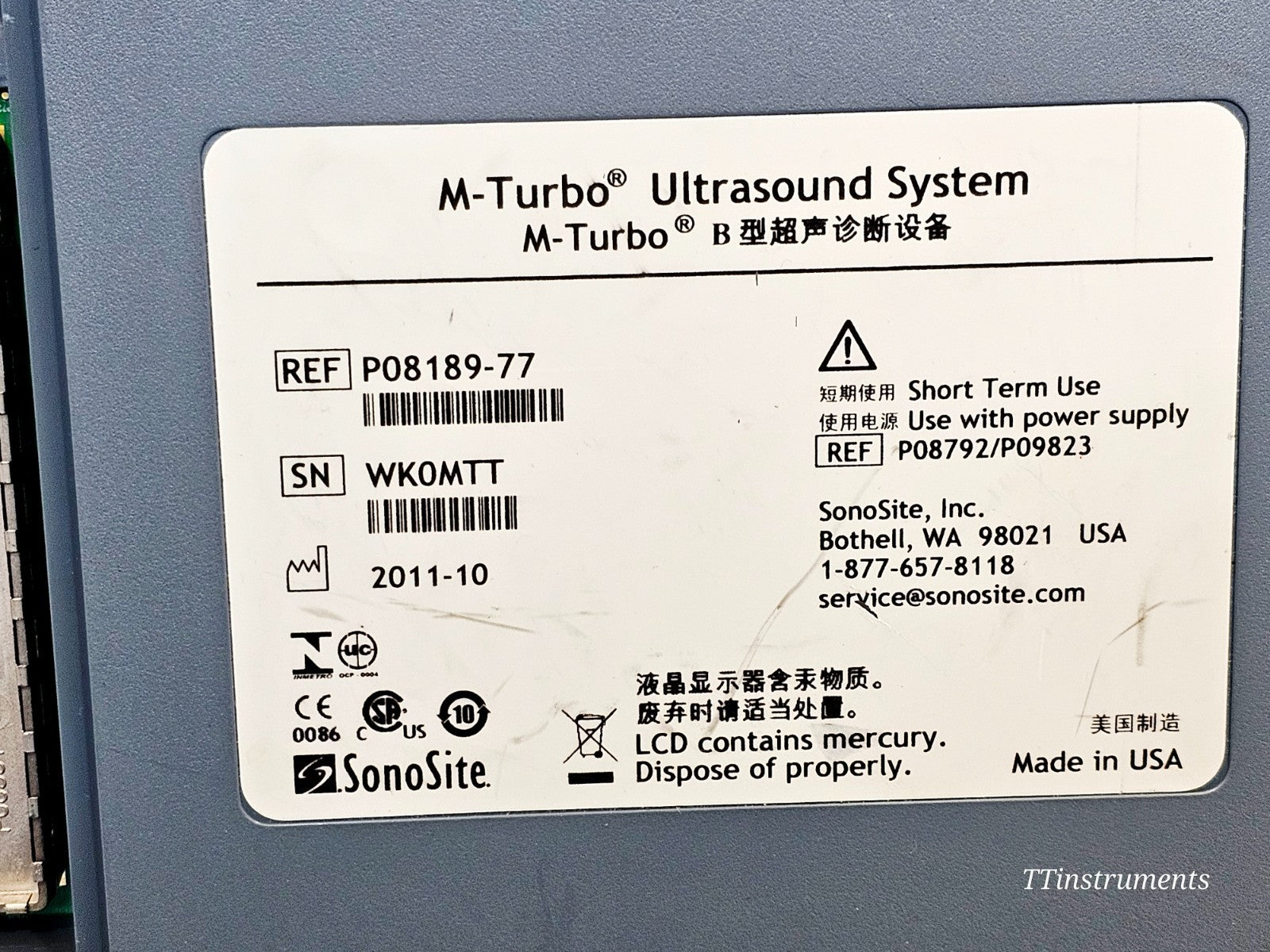 SonoSite P08189-77 M Turbo Ultrasound System w/ Transducer L38xi/10-5 MHz