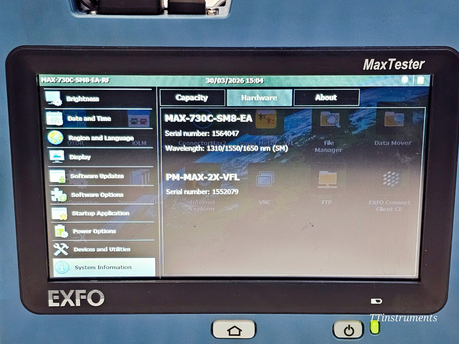 EXFO MAX-730C-SM8-EA OTDR serial number and specification label