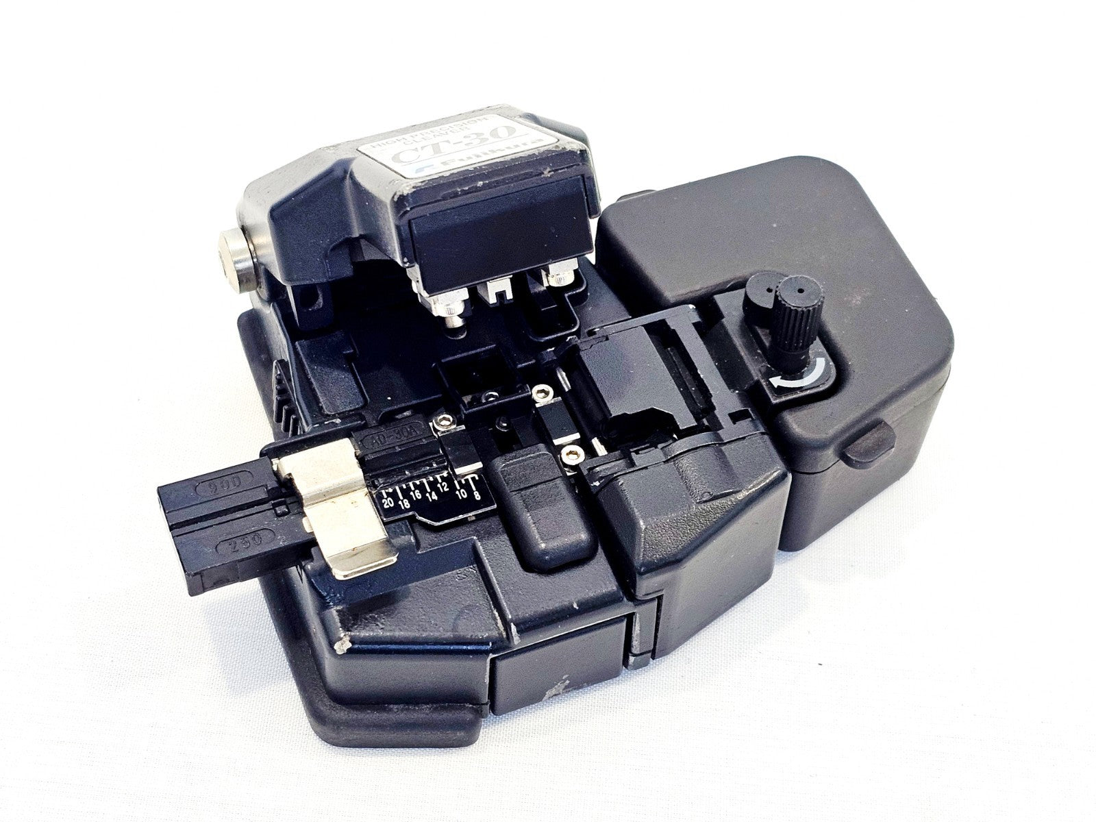Fujikura CT-30 fibre cleaver top view showing blade mechanism, cleave length scale, fibre clamps and scrap collector