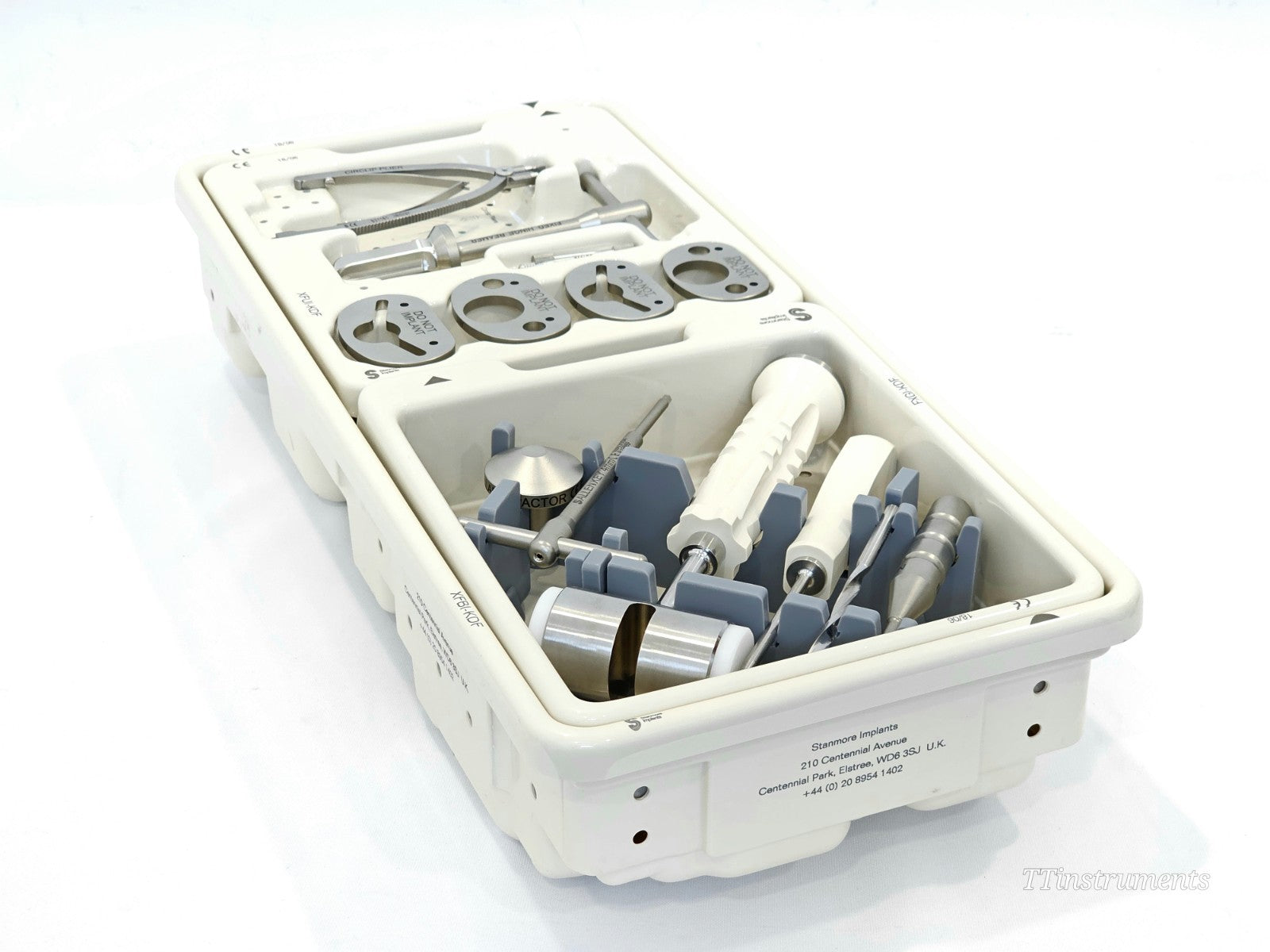 Stryker Stanmore distal femur instrument tray side view showing tray construction and layout