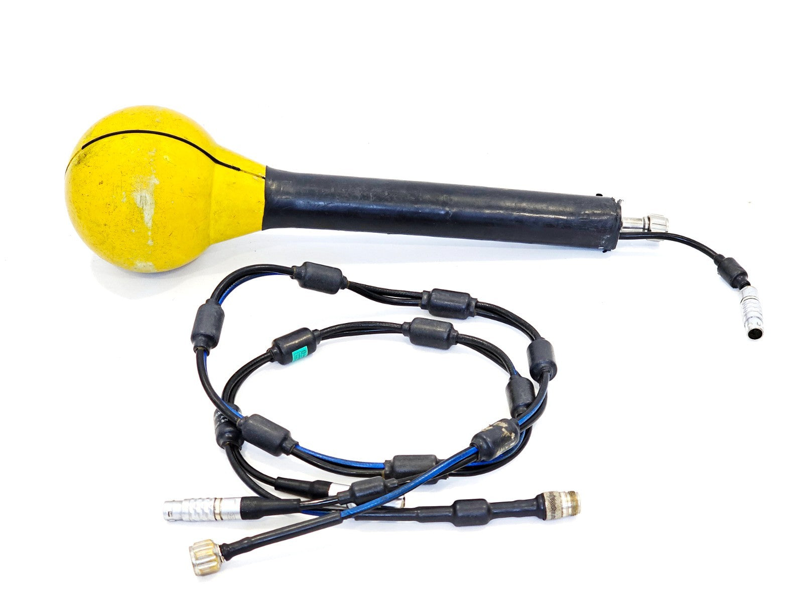Narda 3501/03 isotropic E-field antenna with yellow ball sensor head and SRM RF cable set laid out on white background