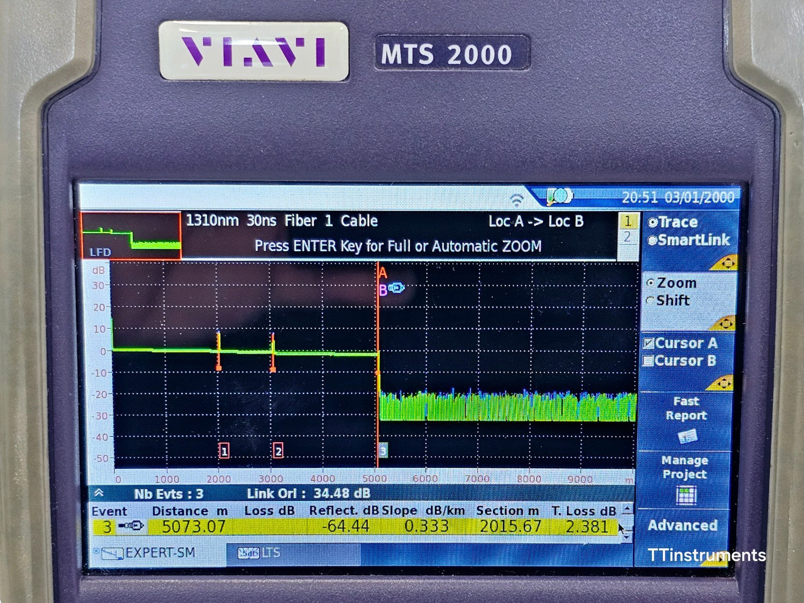 Viavi JDSU MTS 2000 PM/VFL + 4126 MP2 Metro PON 1310/1550 nm OTDR 46/45 dB SC-PC