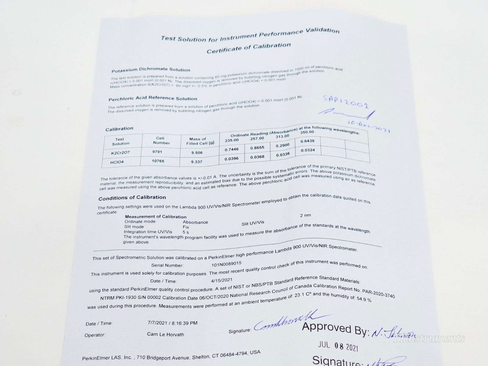 PerkinElmer B250-0100 spectrophotometer accessory label and identification markings