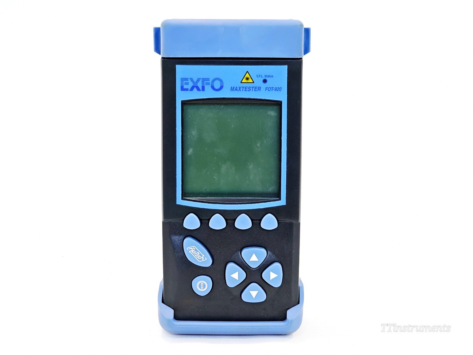 EXFO FOT-920 MaxTester FOT-922 front view showing LCD display, blue keypad and laser warning indicator