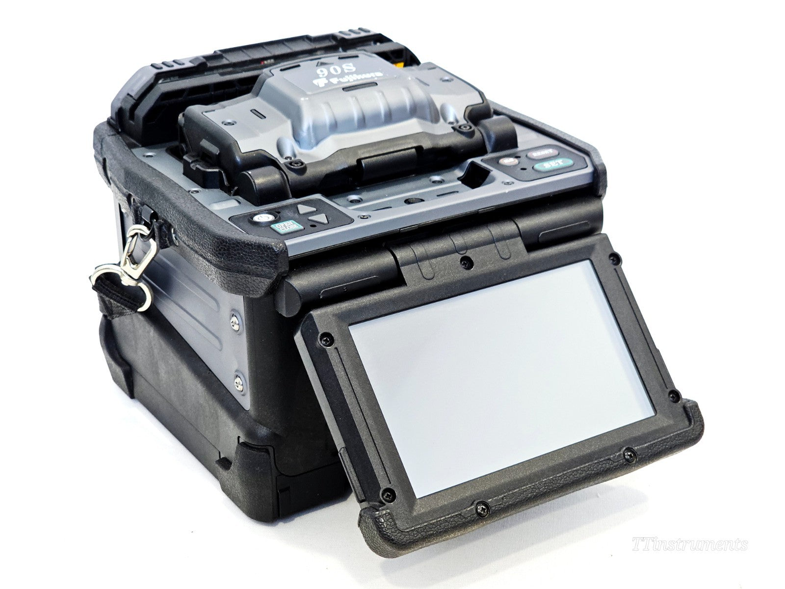 Fujikura 90S fusion splicer front angle view showing splicing chamber and display