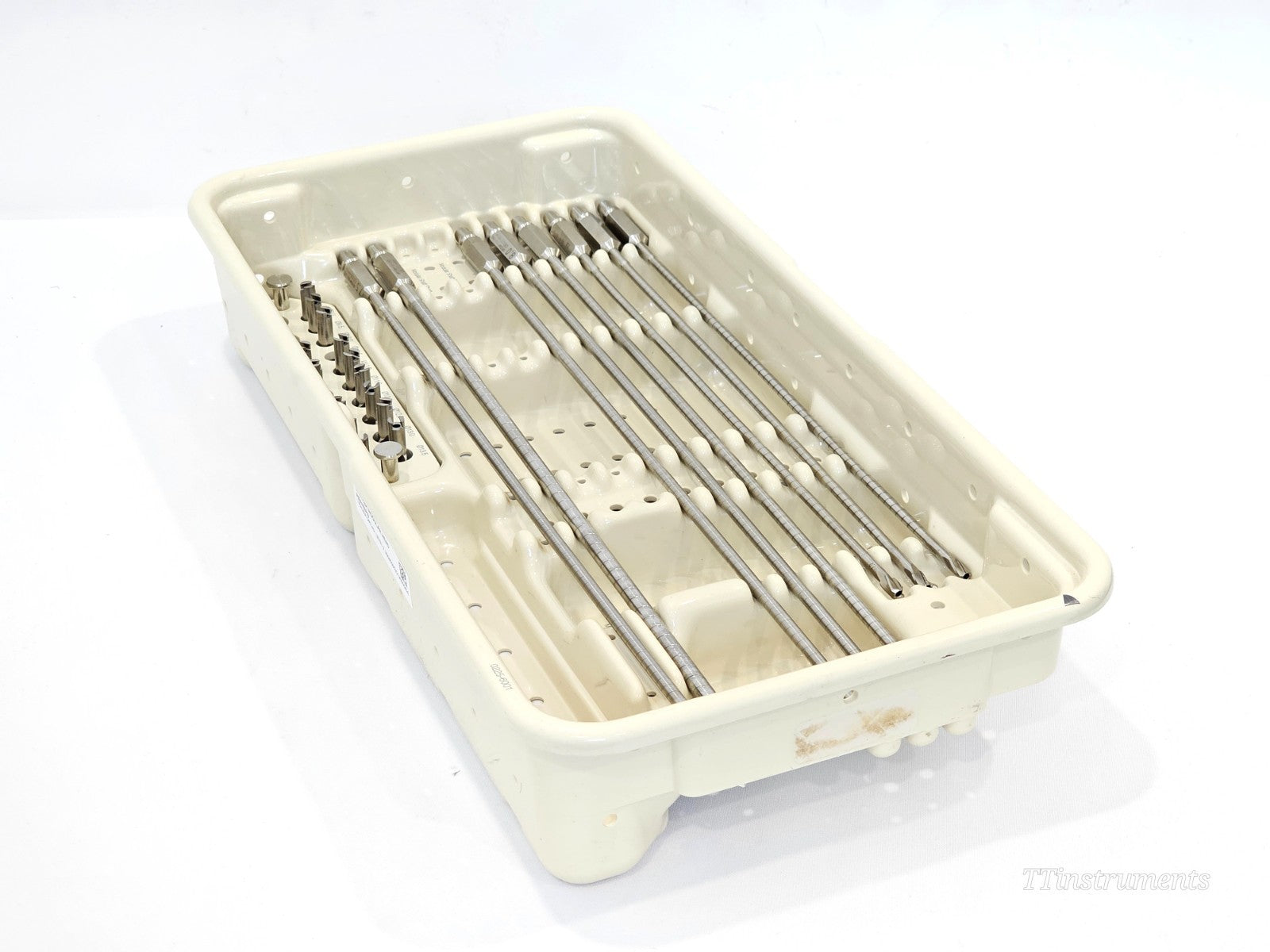 Stryker Bixcut Modular Head Reamer instrument tray angled view showing reamer shafts, modular head block, and sterilisation container exterior