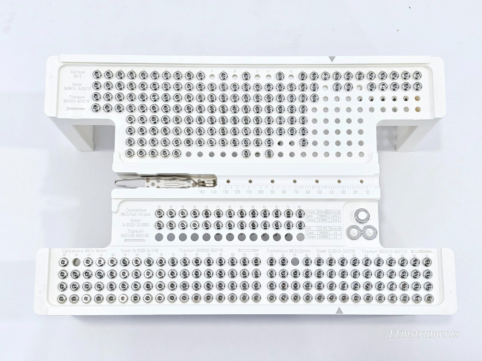 Stryker SPS 901664 screw tray top-down view showing cortical Ø4.5mm and cancellous Ø6.5mm screw labels and loaded implants