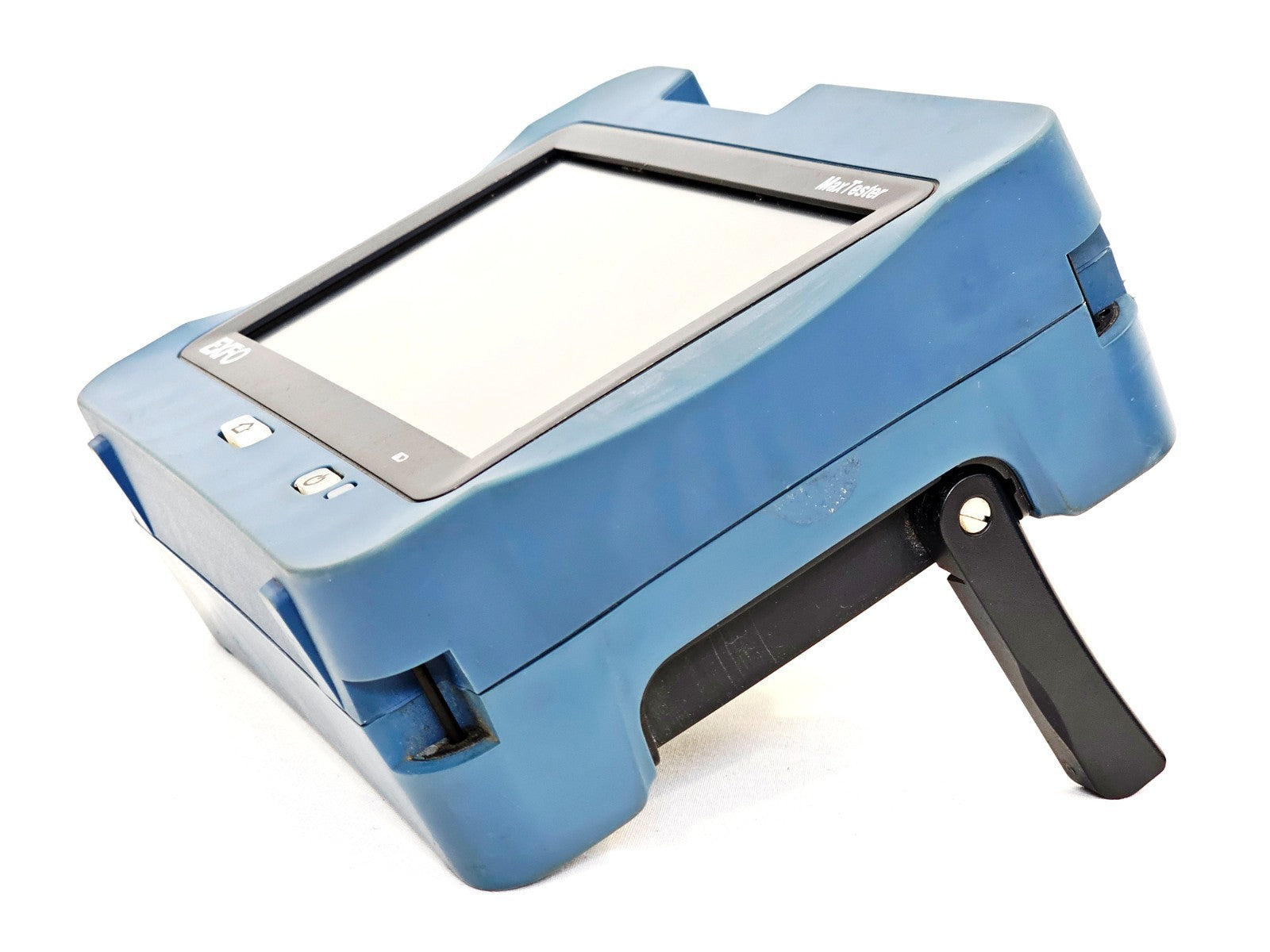 EXFO MAX-945-SM3 left-side angle view with kickstand extended, showing rubber bumpers and side profile