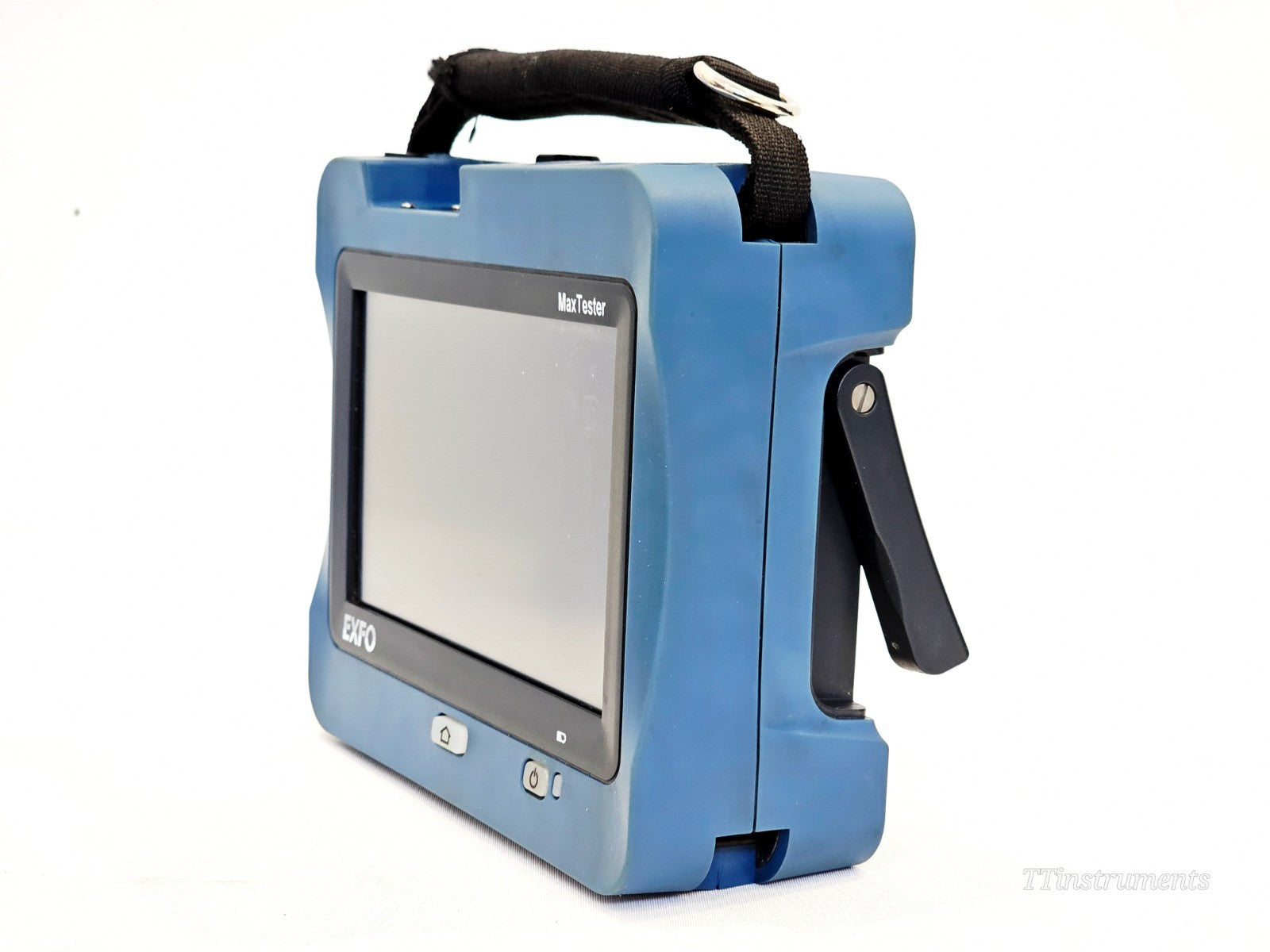 EXFO MAX-730D-SM8 MaxTester OTDR left side view showing kickstand and carry strap