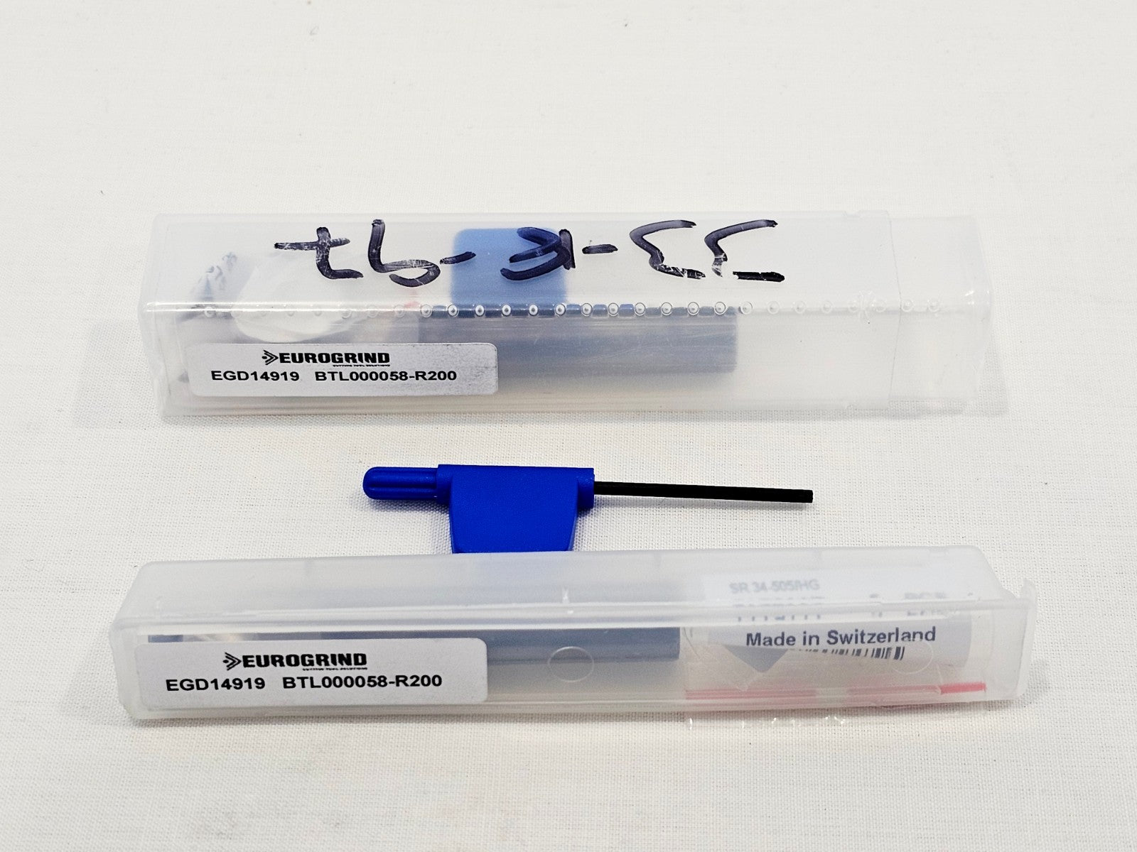 Two Sandvik BTL000058-R200 E10M-SCL boring bars in Eurogrind-labelled plastic cases with Torx key visible