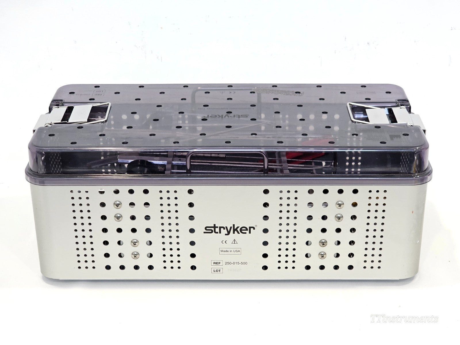 Stryker Hip Arthroscopy Instrument Tray showing overall condition of used reusable instruments