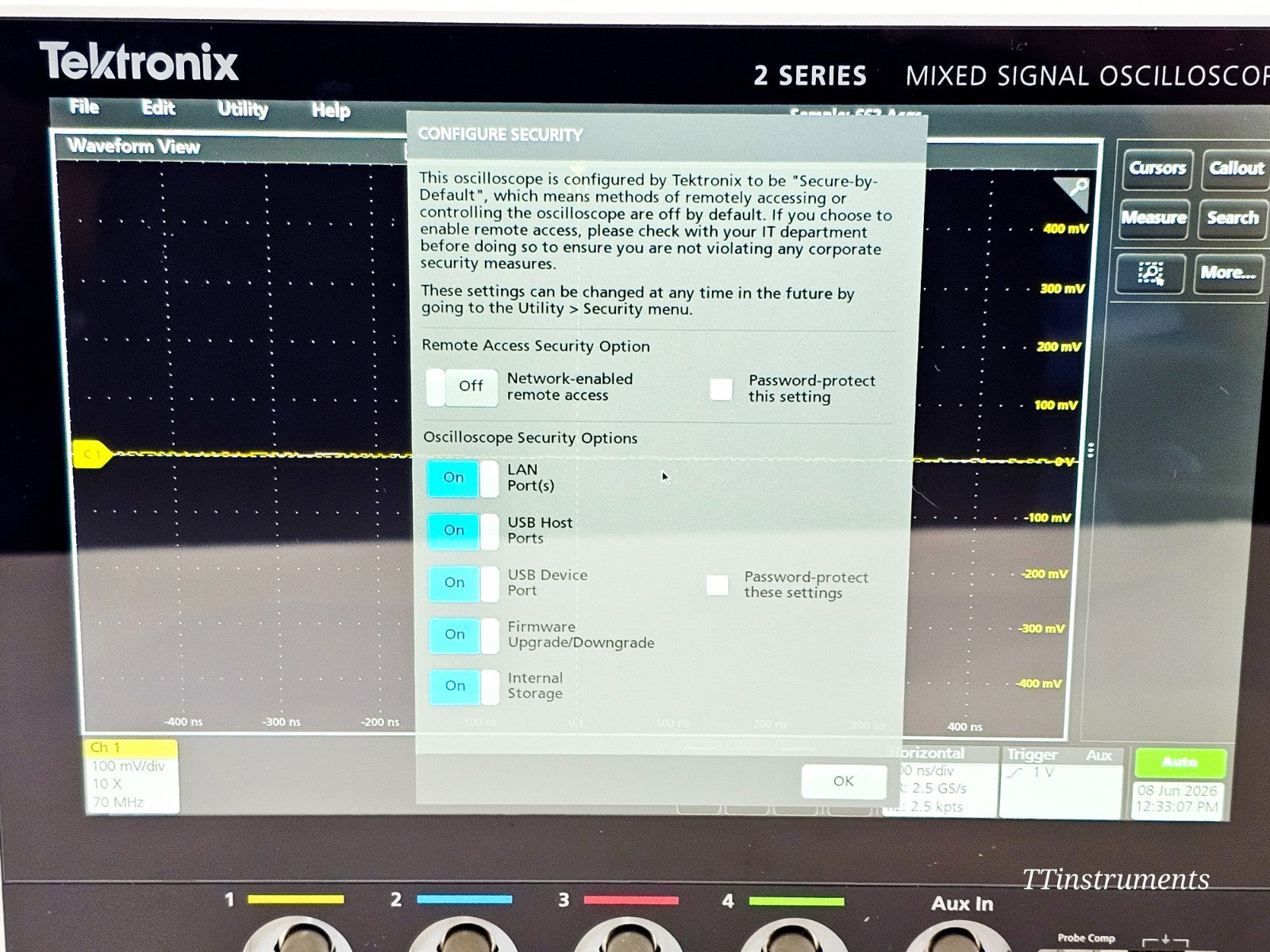 Tektronix MSO24 oscilloscope USB and auxiliary ports close-up