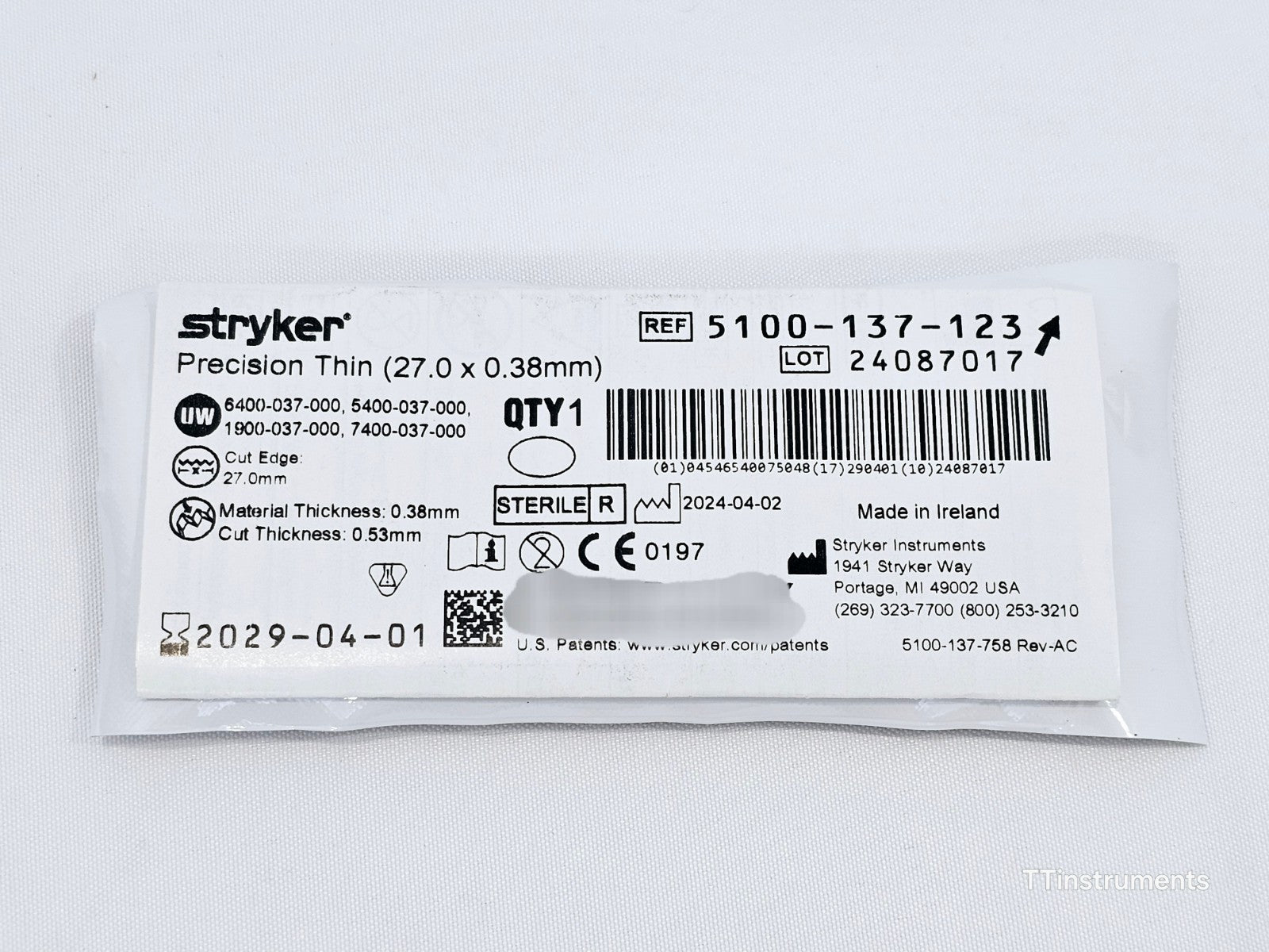 Stryker 5100-137-123 Reciprocating Saw Blade Precision Thin 27.0x0.38mm