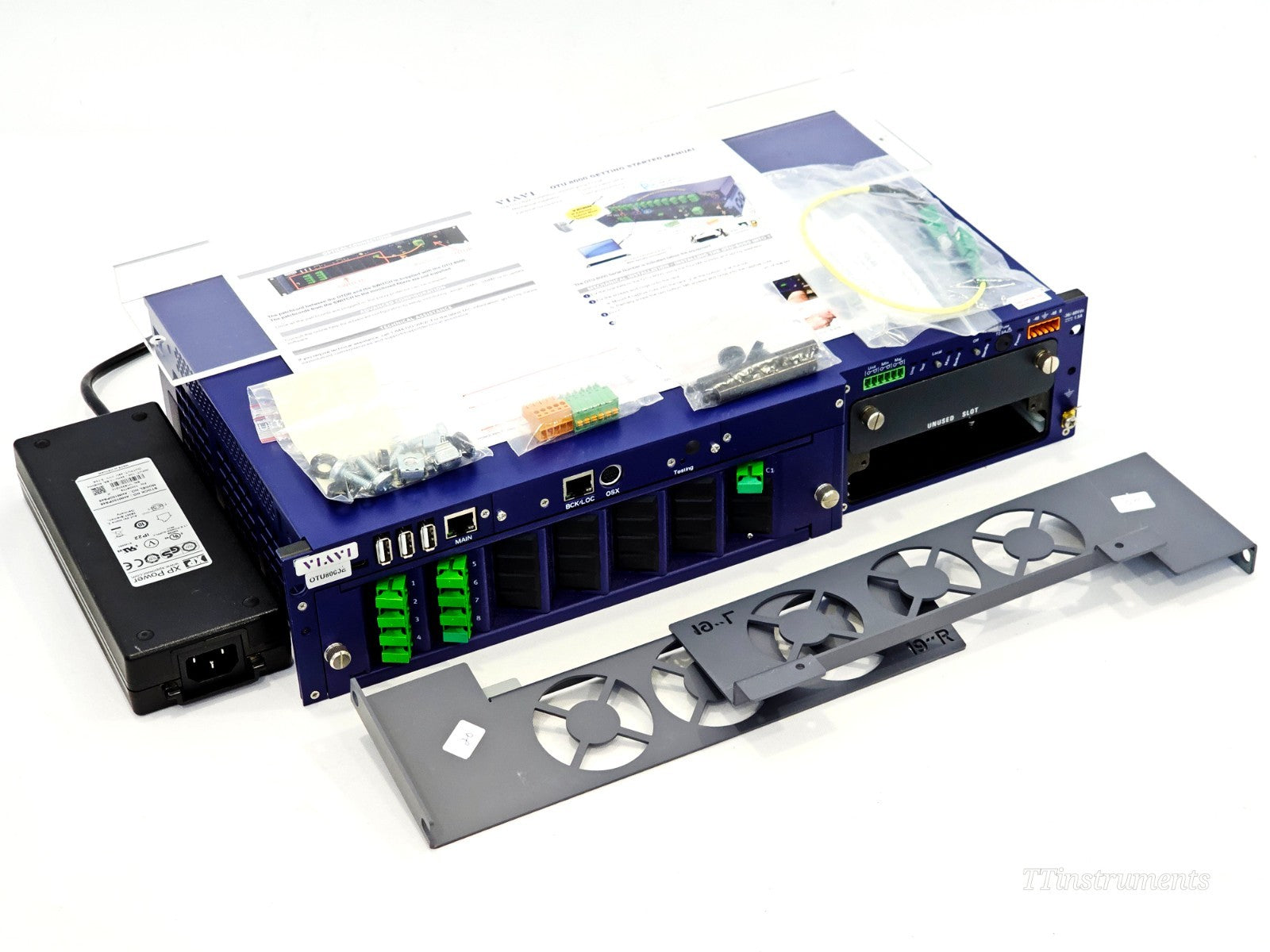 Viavi OTU 8000E v2 complete sale contents including power adapter, fan trays, patch lead and getting started manual