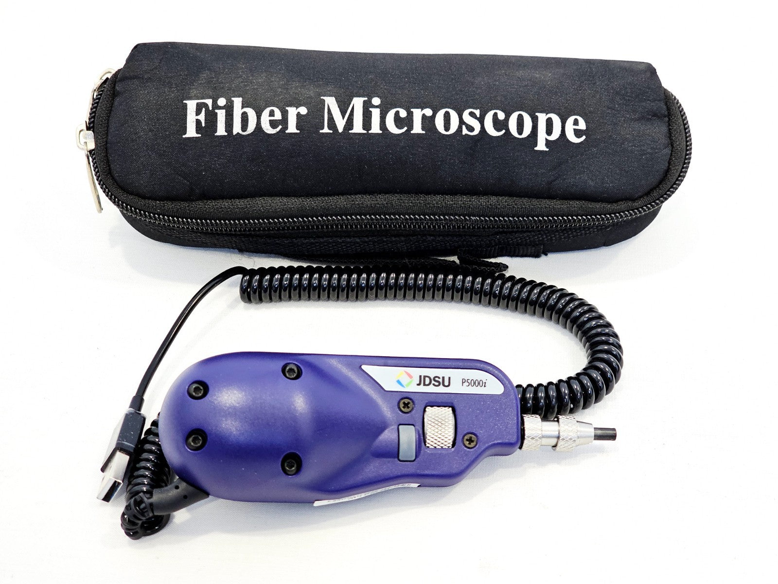 Viavi JDSU P5000i fiber inspection probe with coiled USB cable beside black zip-up Fiber Microscope carry case