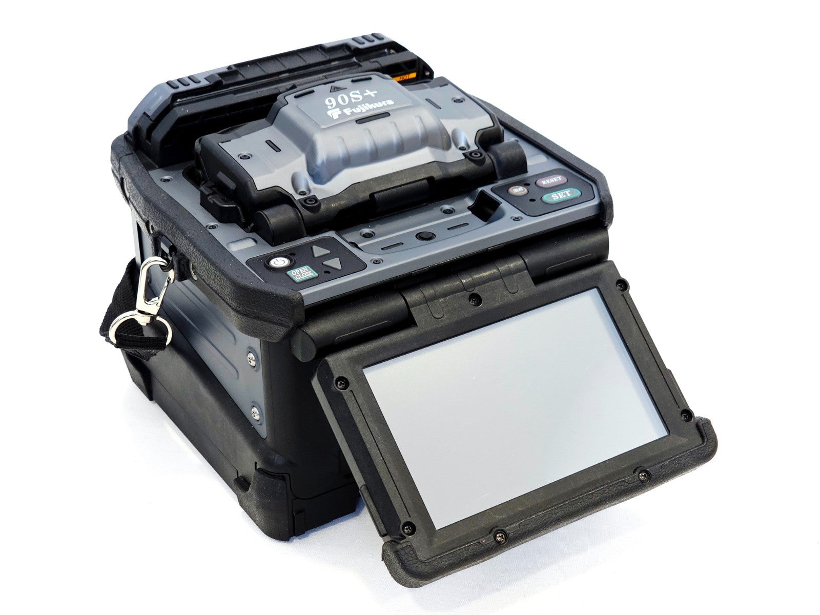 Fujikura 90S+ fusion splicer side angle view showing lid and splicing chamber