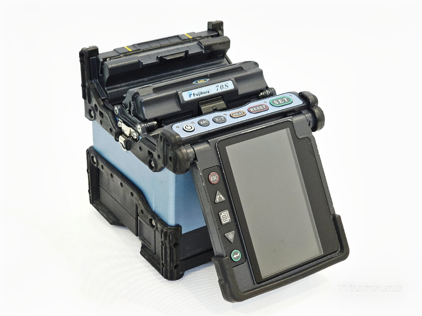 Fujikura FSM-70S+ fusion splicer front angle view showing display screen and splice chamber