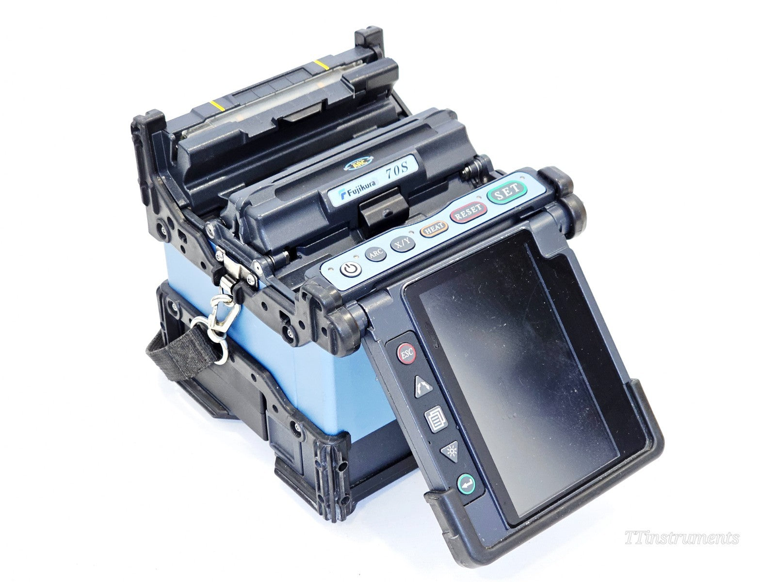Fujikura FSM-70S fusion splicer front view showing fibre clamp and wind protector hood