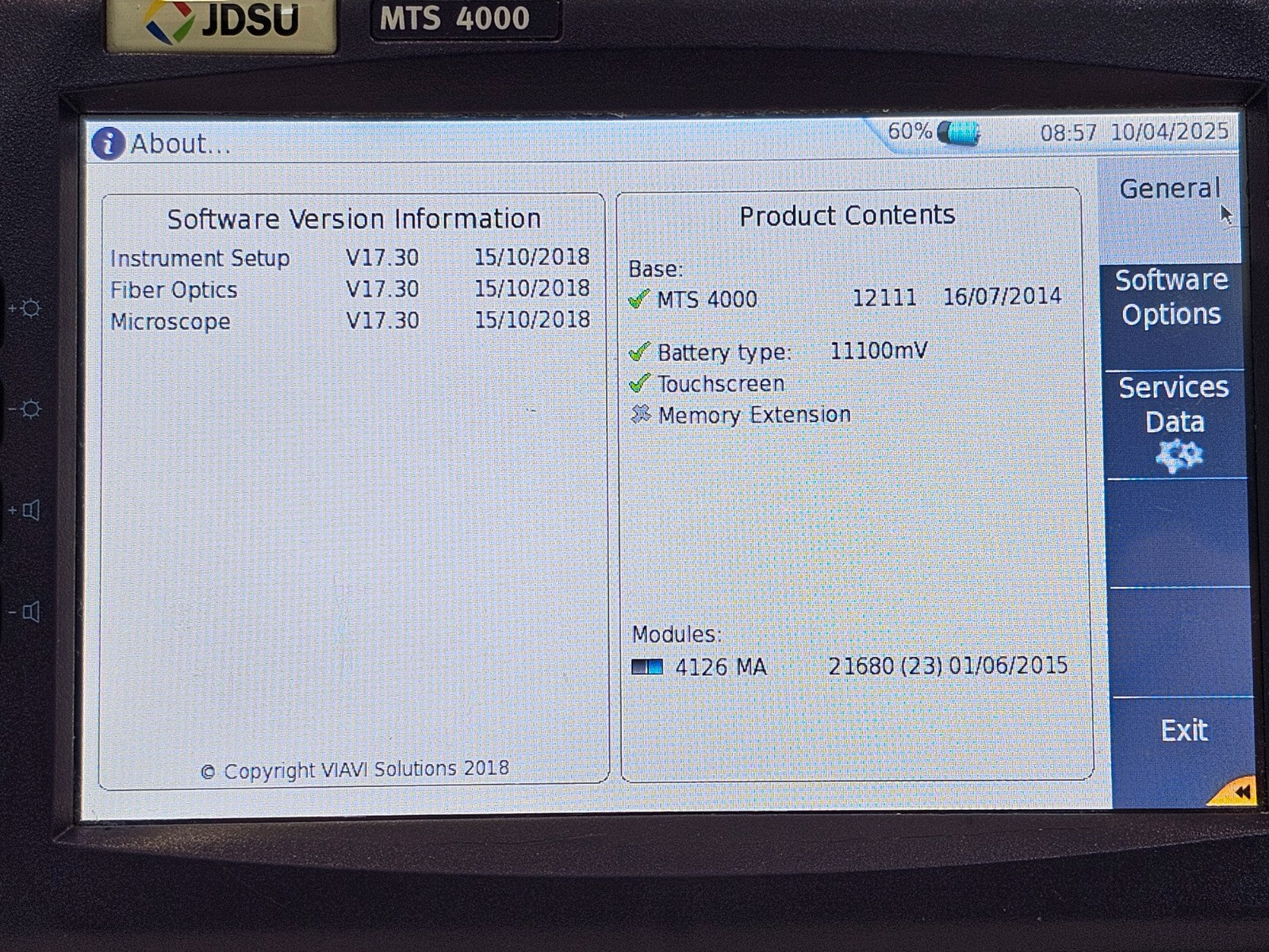 JDSU MTS 4000 Mainframe & 4126 MA SM OTDR 1310/1550nm