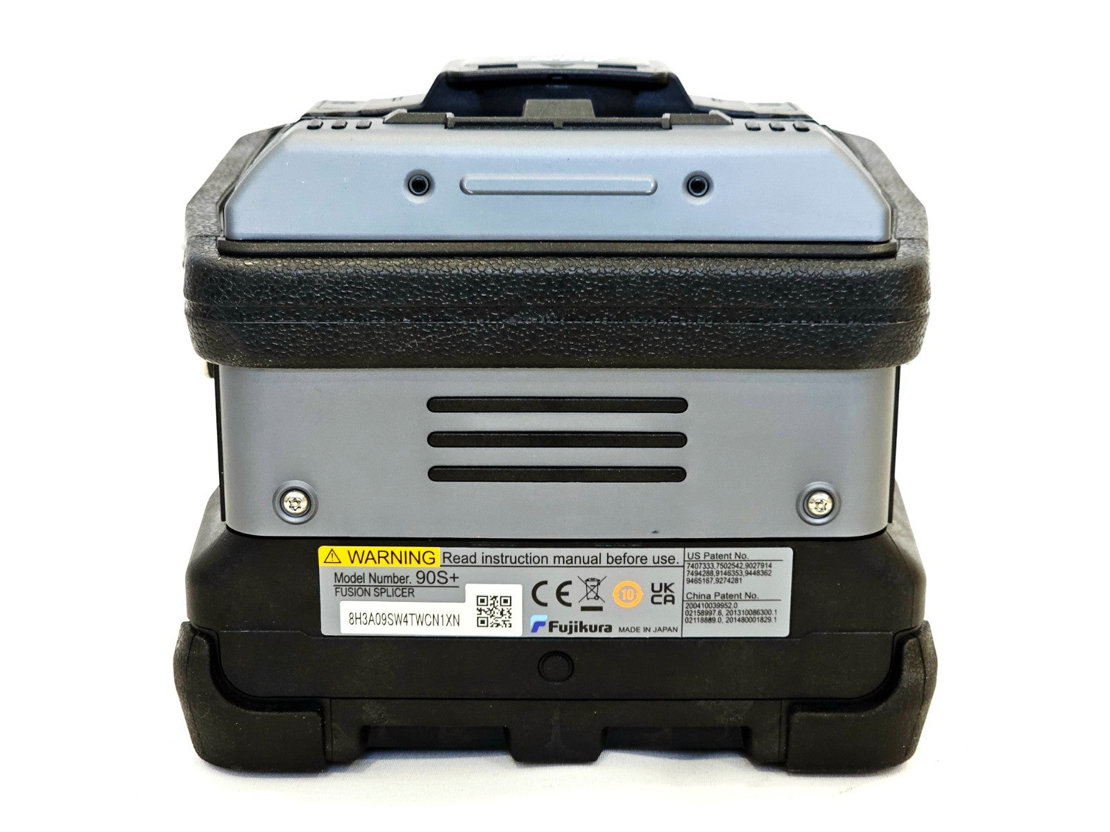 Fujikura 90S+ fusion splicer open lid with V-groove fibre alignment chamber detail