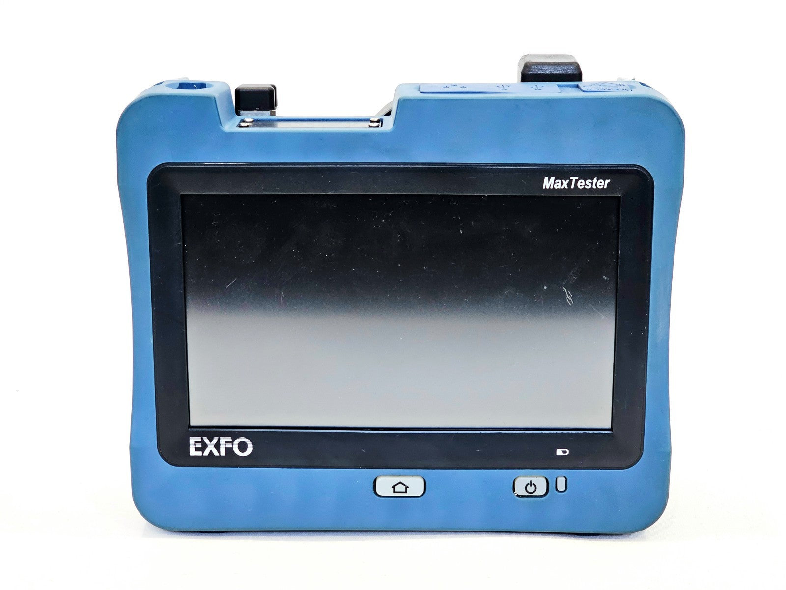 EXFO MAX-945-SM3 front view showing 7-inch touchscreen, MaxTester branding and home/power buttons