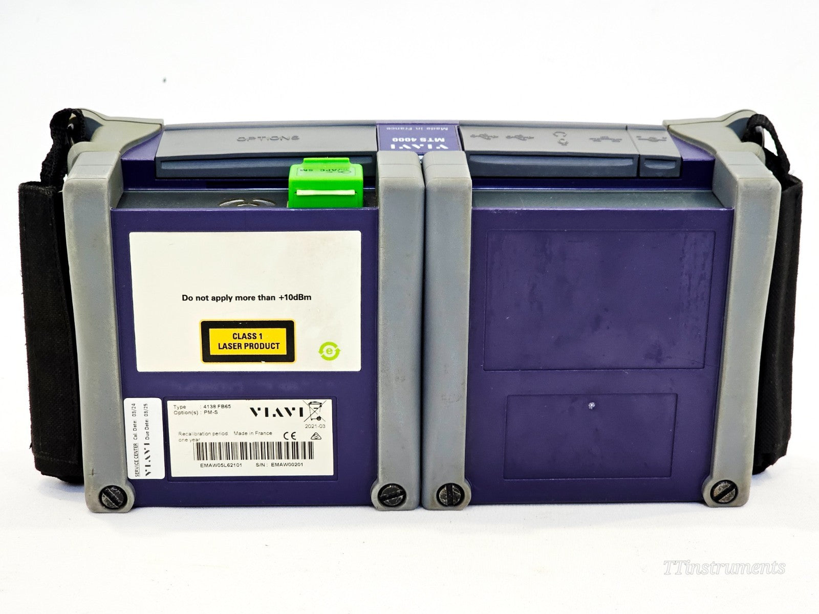 VIAVI MTS 4000 V2 rear label showing Type 4138 FB65, Option PM-S, Cal Date 03/24, Due 03/25, SN EMAW00201