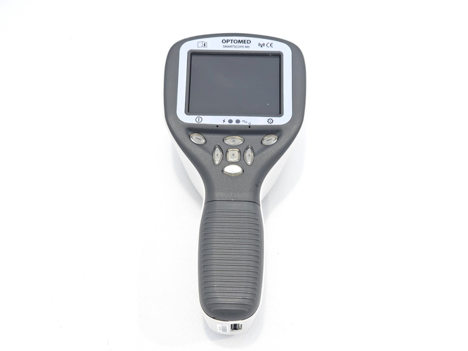 Optomed SmartScope M5 front panel view showing 2.4-inch TFT-LCD display, navigation keys, status indicators and WIFI CE markings
