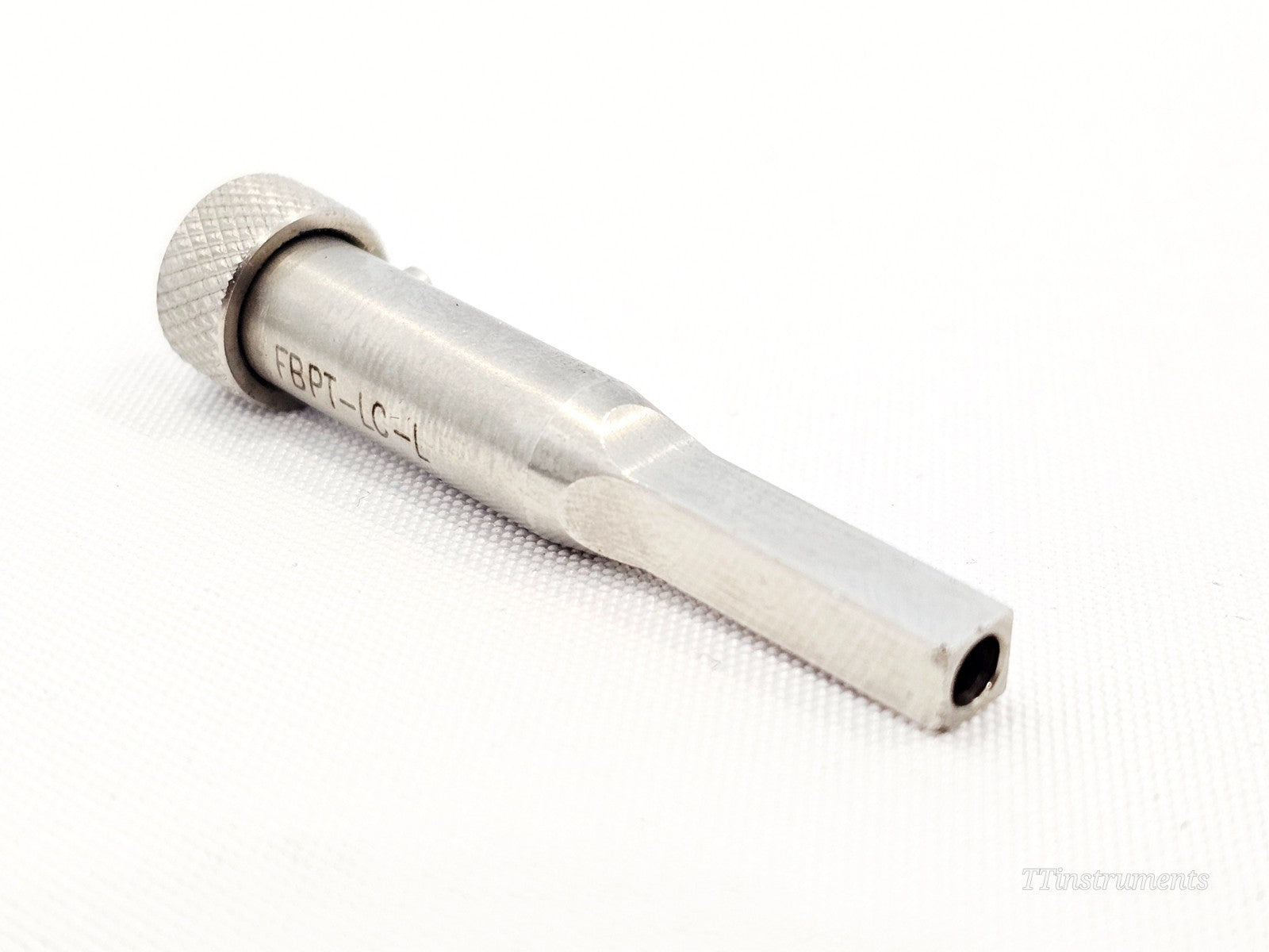 Viavi JDSU FBPT-LC-L Longreach Bulkhead LC Adapter PC angled view showing tip aperture and knurled base