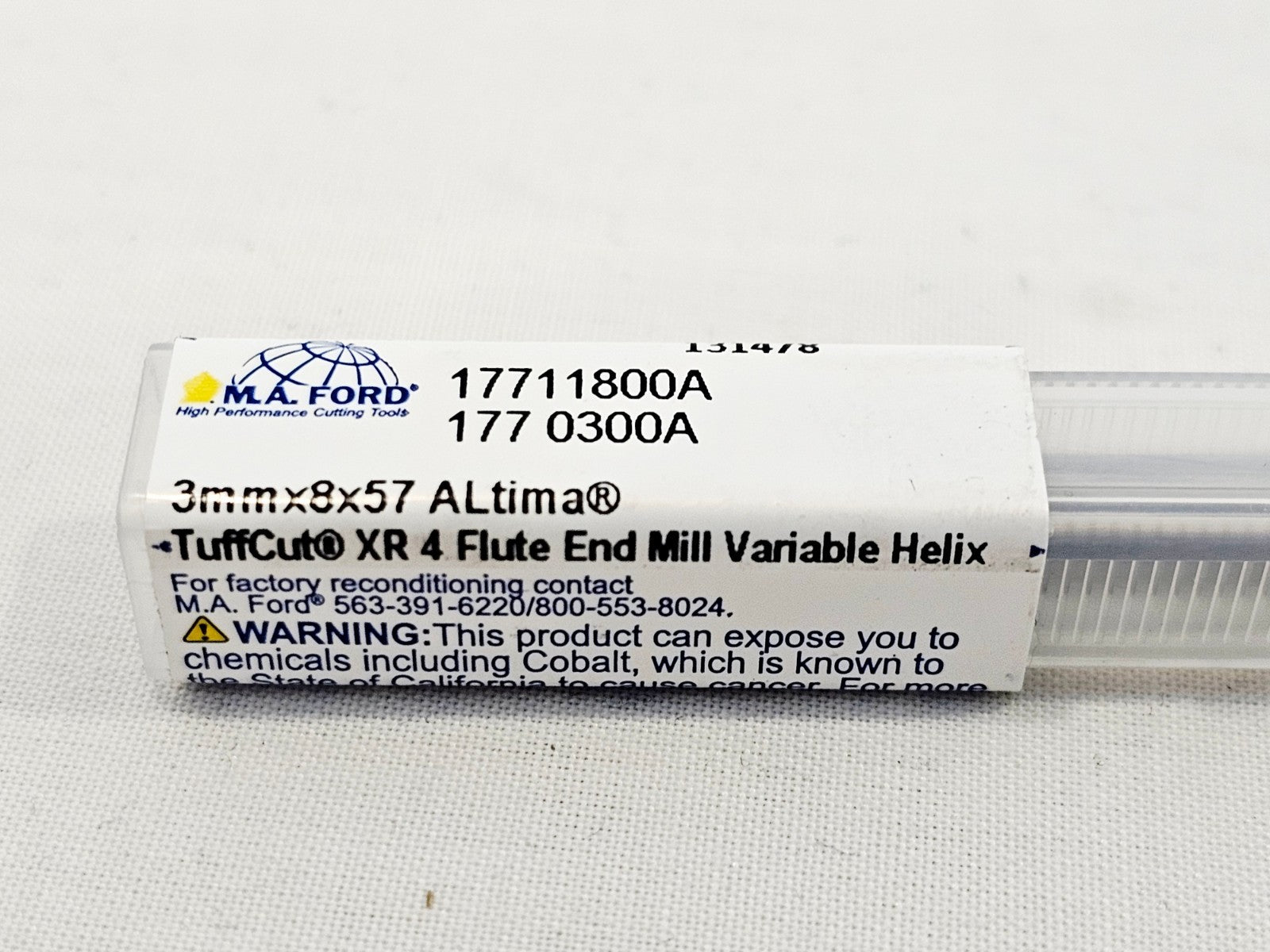 M.A. Ford 17711800A TuffCut XR end mill label close-up showing 3mmx8x57 ALtima Variable Helix