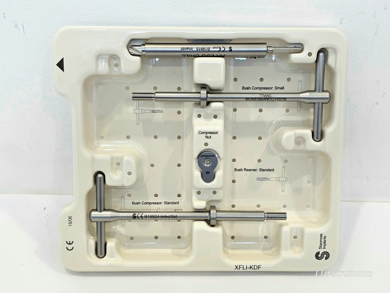 Detail view of Stanmore alignment guides B21569 and B21572 in instrument tray