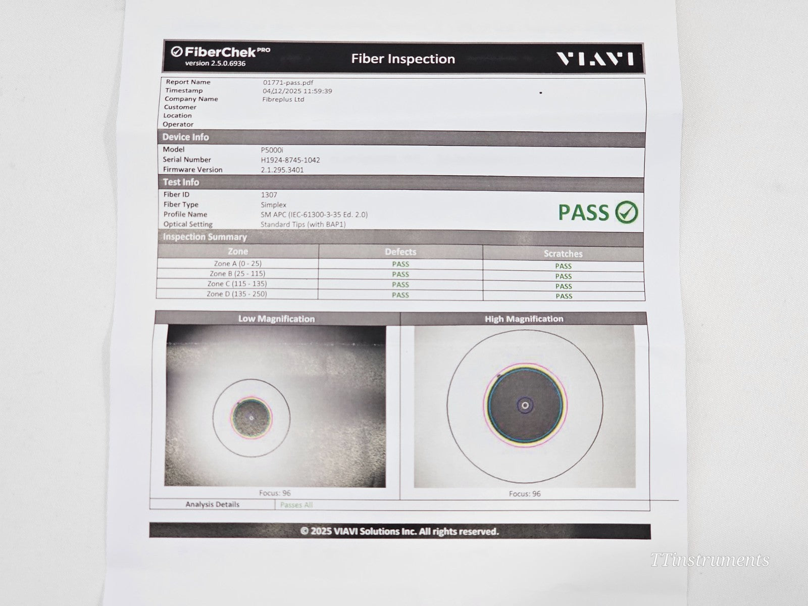 Viavi MTS 6000A V2 touchscreen displaying OTDR trace for 1310/1550 nm singlemode fibre testing