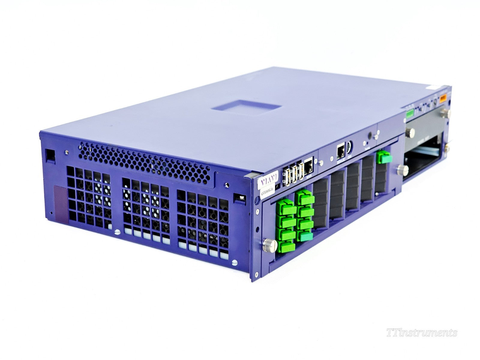 Viavi OTU 8000E v2 front three-quarter left view showing green LC/APC optical switch ports and rear ventilation grille