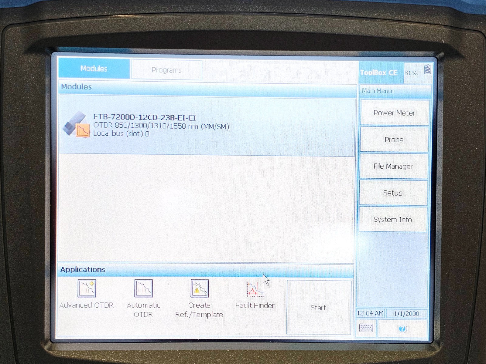 EXFO FTB-200 ToolBox CE screen showing FTB-7200D-12CD-23B-EI-EI OTDR module at 850/1300/1310/1550 nm