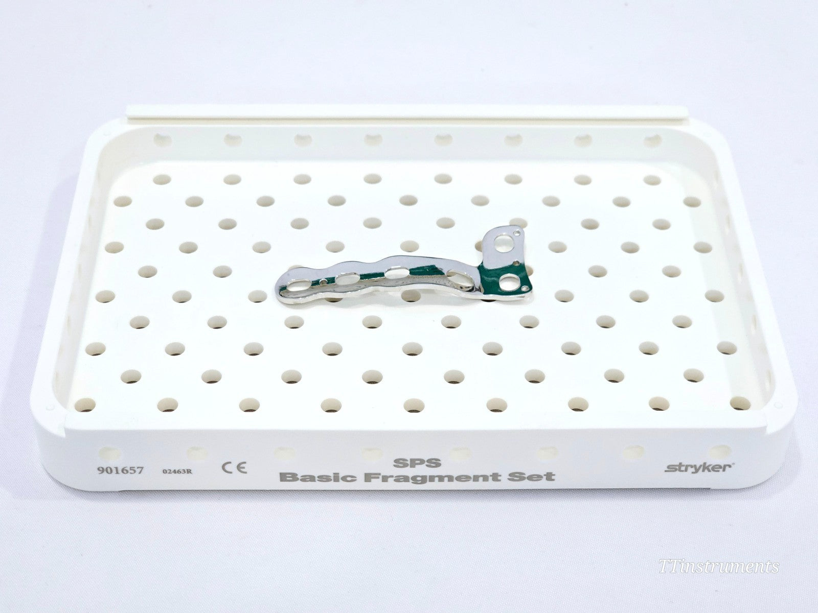 Stryker SPS Basic Fragment Set REF 901657 white tray containing single angled SPS orthopaedic plate