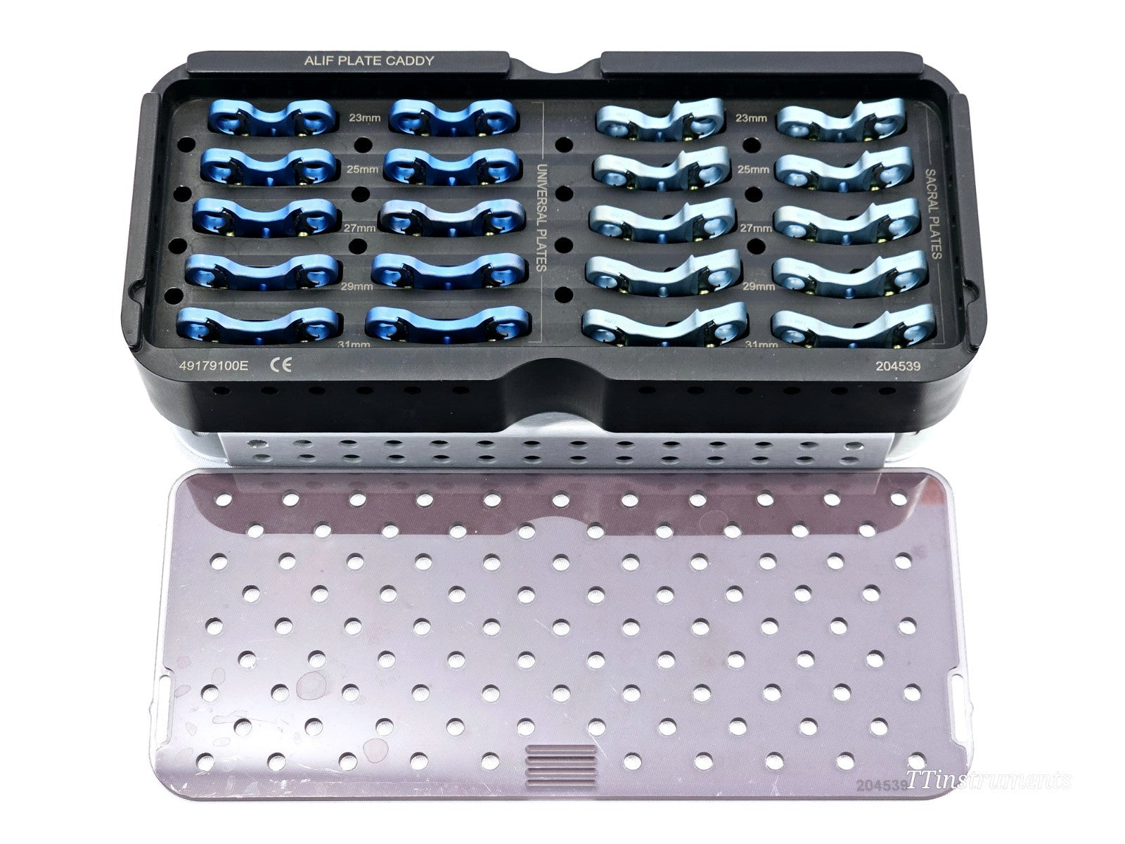 Stryker ALIF Plate Caddy 49179100E with blue anodised Universal and Sacral titanium plates 23–31mm with caddy lid