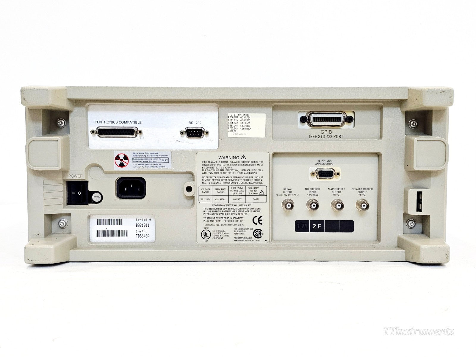 Tektronix TDS oscilloscope rear panel ports and connectors detail