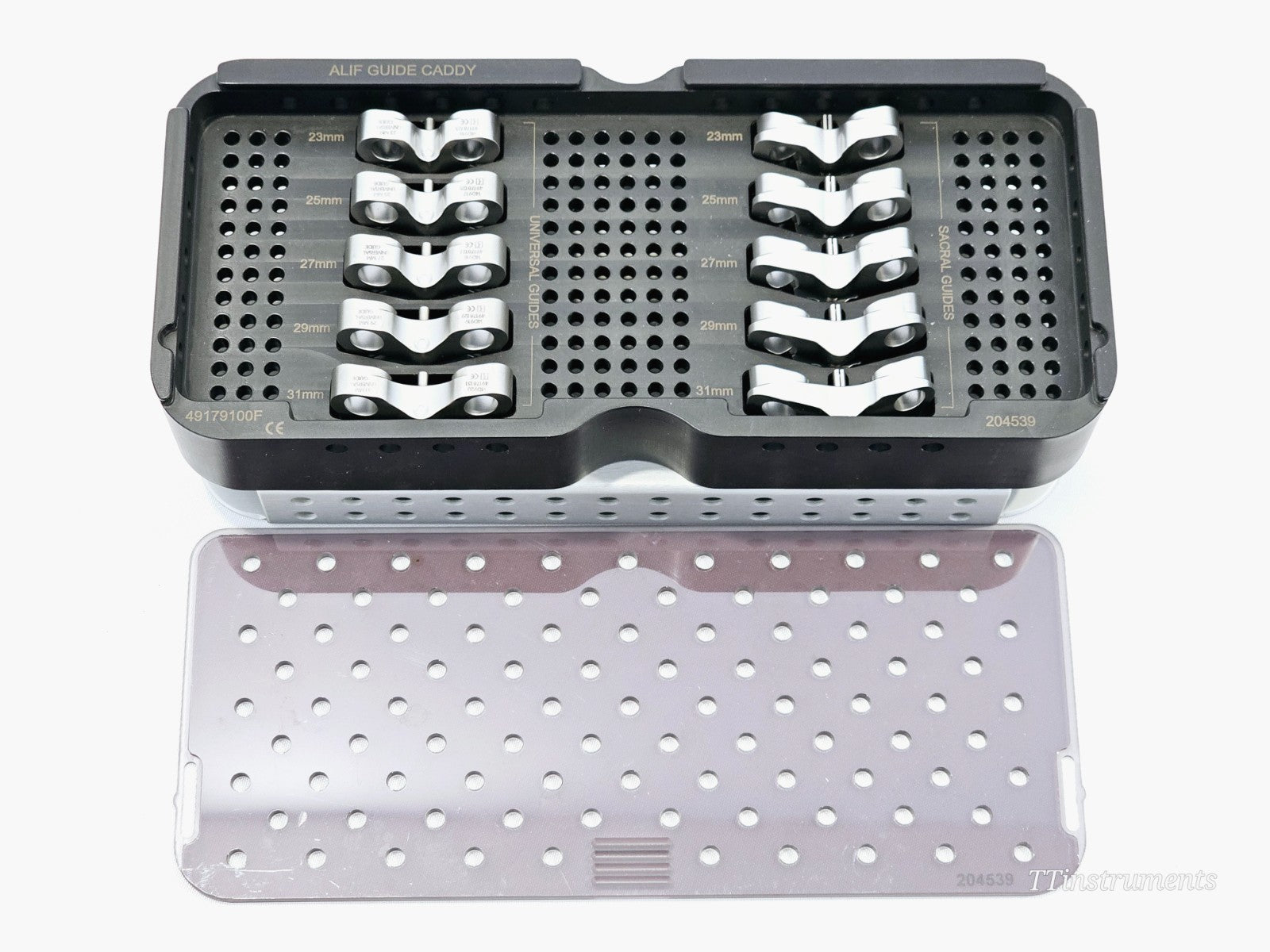 Stryker ALIF Guide Caddy 49179100F showing Universal and Sacral stainless guides in sizes 23–31mm with lid