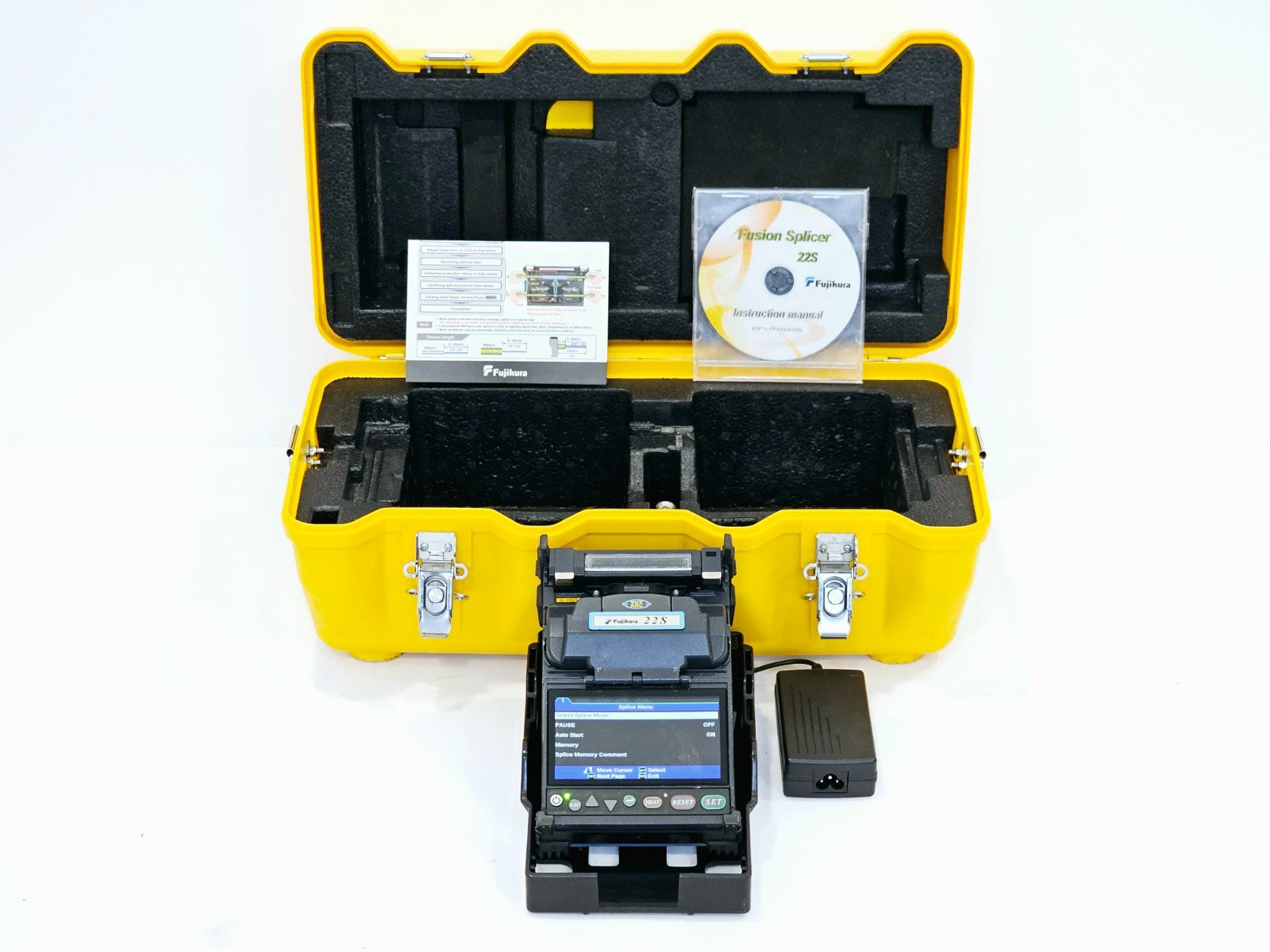 Fujikura FSM-22S SM MM fiber fusion splicer front view showing dual LCD screens and v-groove assembly
